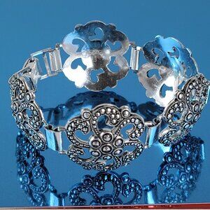 Vintage Signed GERMANY Silver Tone Aluminum Filigree Flower Panel Bracelet 7.5"